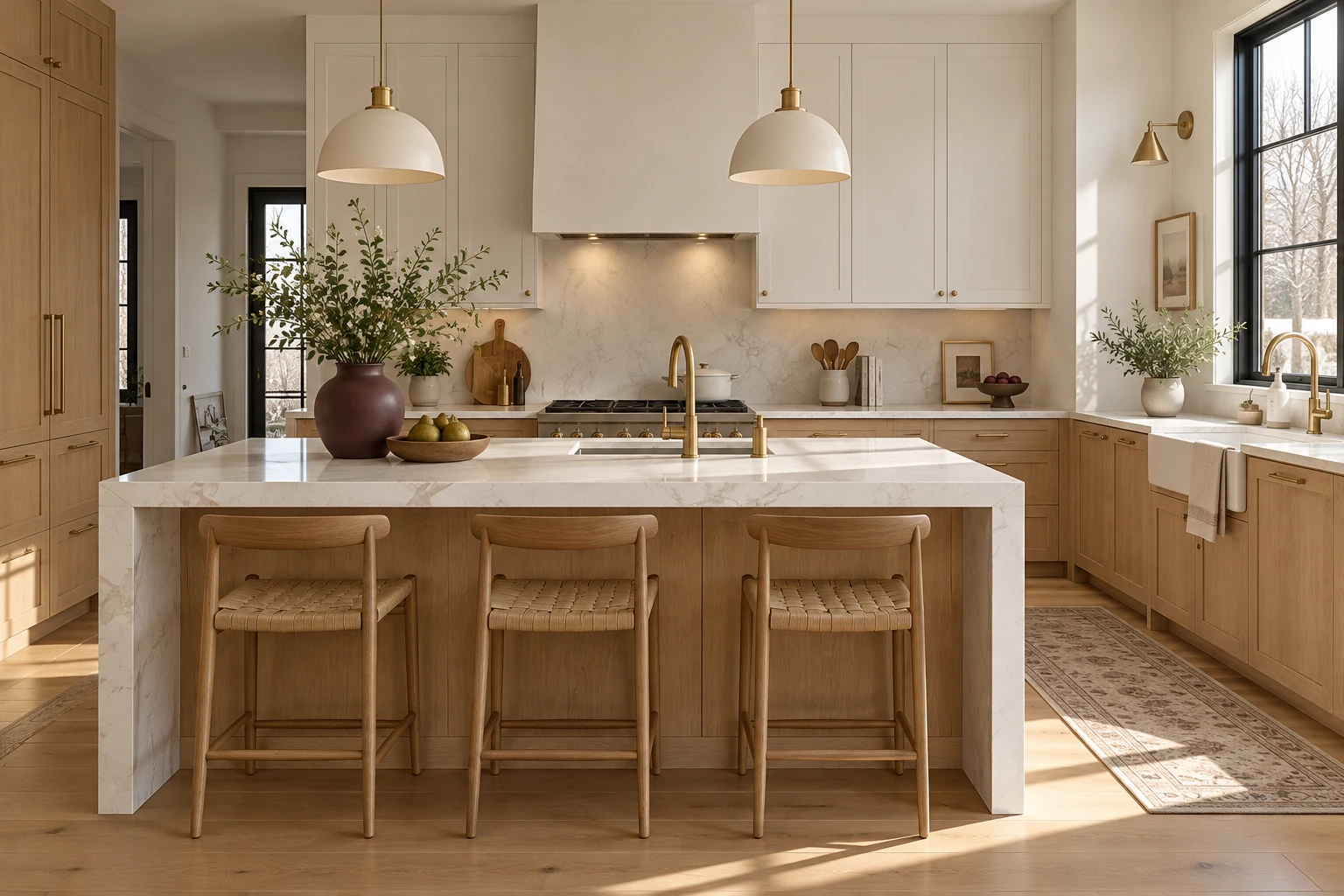 Inspiration de cuisine lumineuse avec armoires en chêne et îlot clair